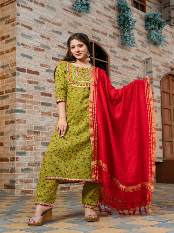 Women's Green Color Floral Print Cotton Anarkali Suit Set with Dupatta - Pheeta