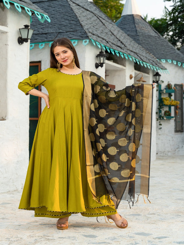 Women's Mehendi Green Anarkali Flared Suit Set with Chanderi Dupatta - Pheeta