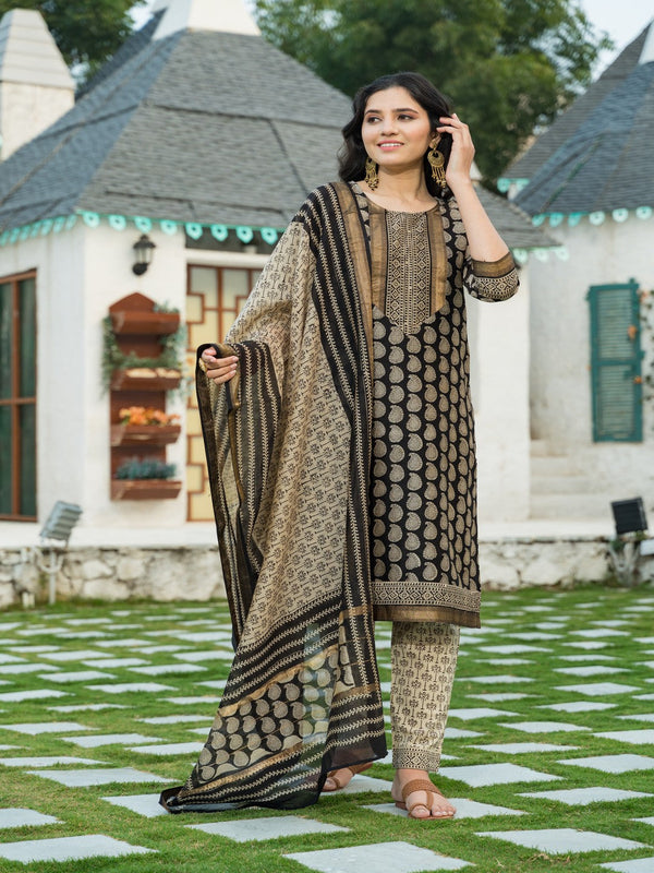 Women's Golden Black Bagru Block Print Chanderi Kurta Dupatta Set - Pheeta