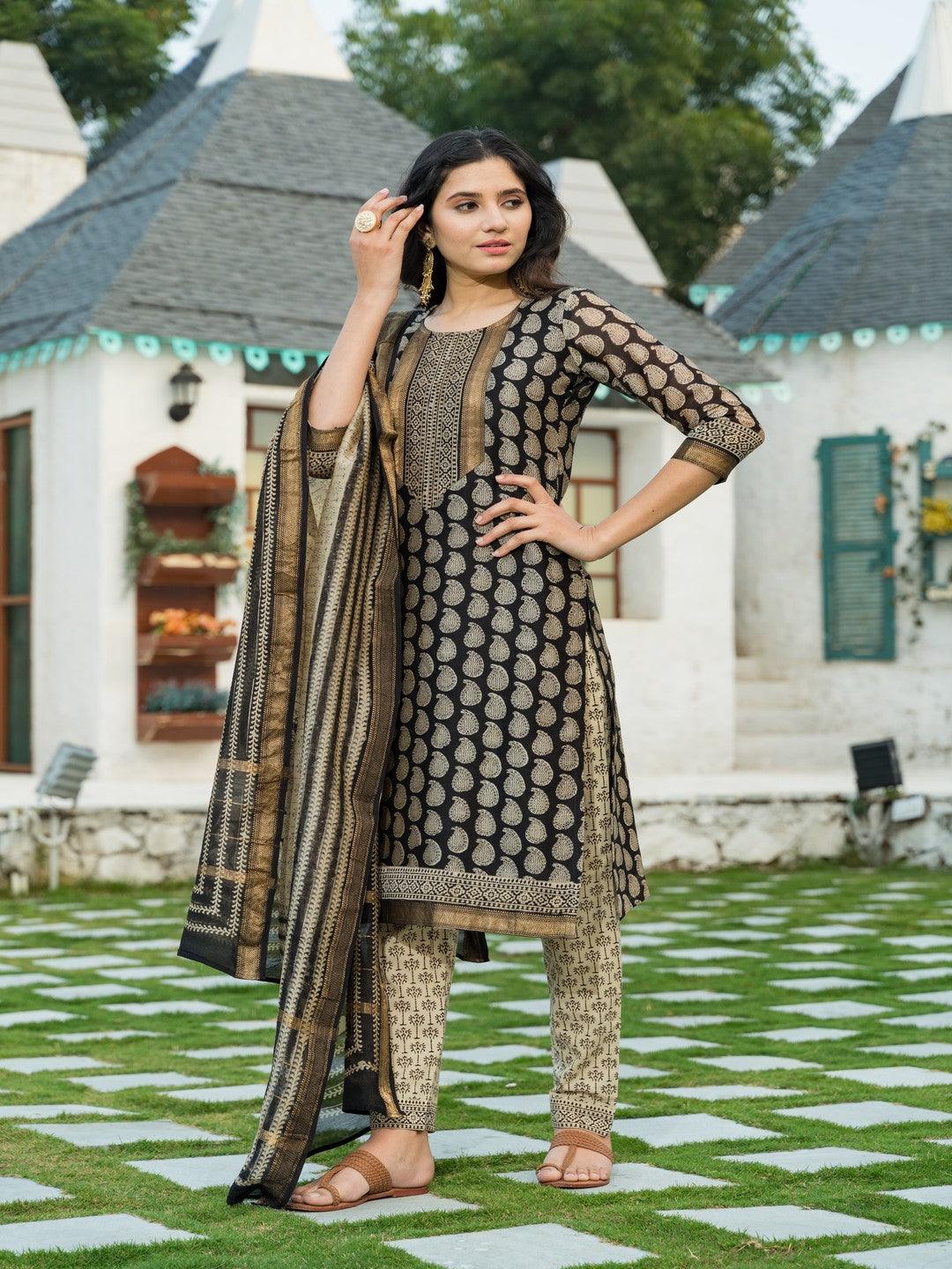 Women's Golden Black Bagru Block Print Chanderi Kurta Dupatta Set - Pheeta - Indiakreations