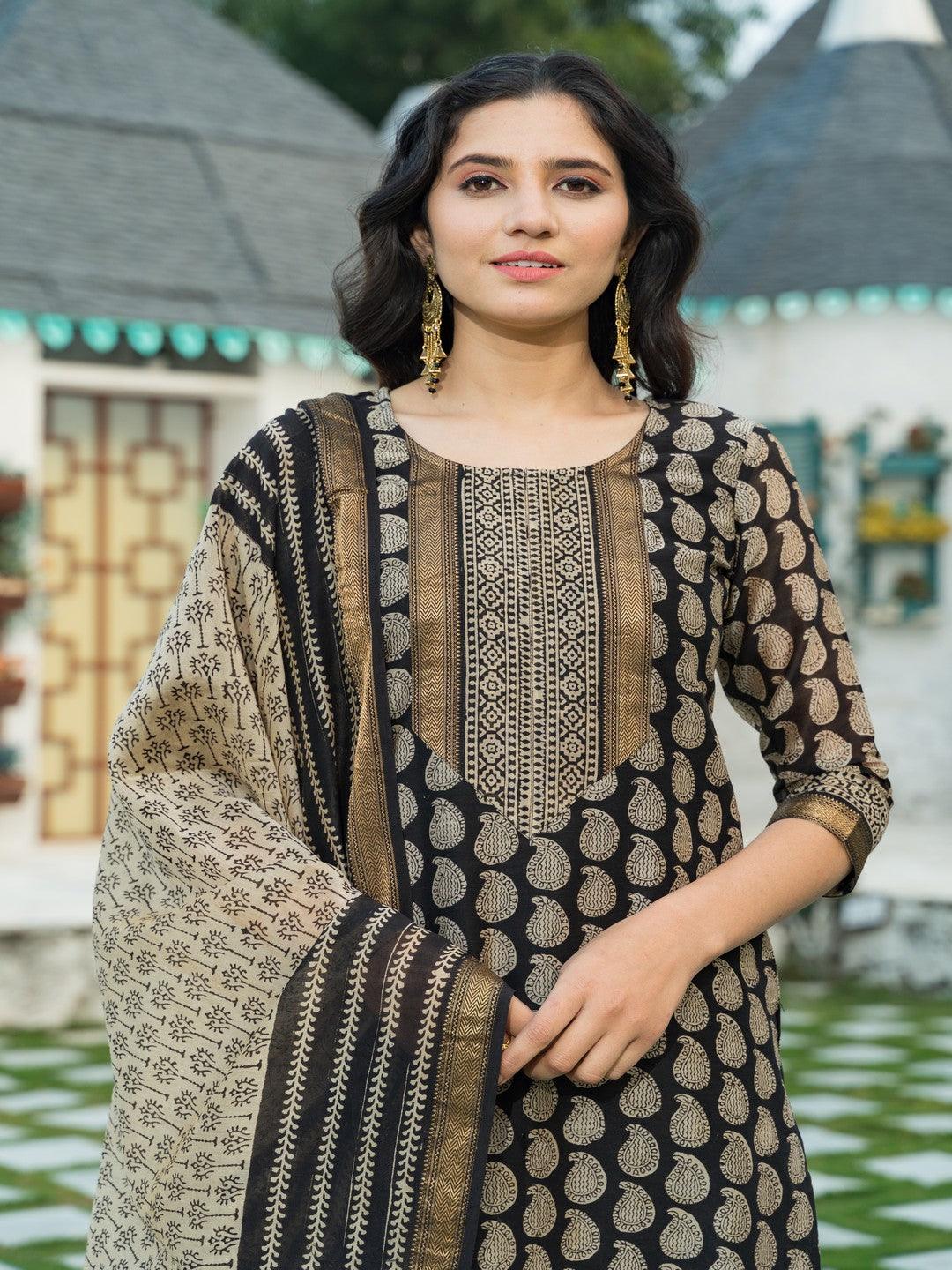 Women's Golden Black Bagru Block Print Chanderi Kurta Dupatta Set - Pheeta - Indiakreations