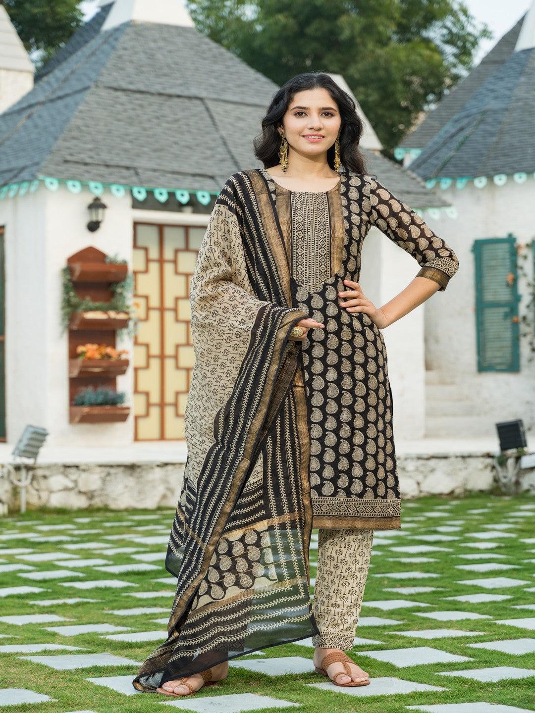 Women's Golden Black Bagru Block Print Chanderi Kurta Dupatta Set - Pheeta - Indiakreations