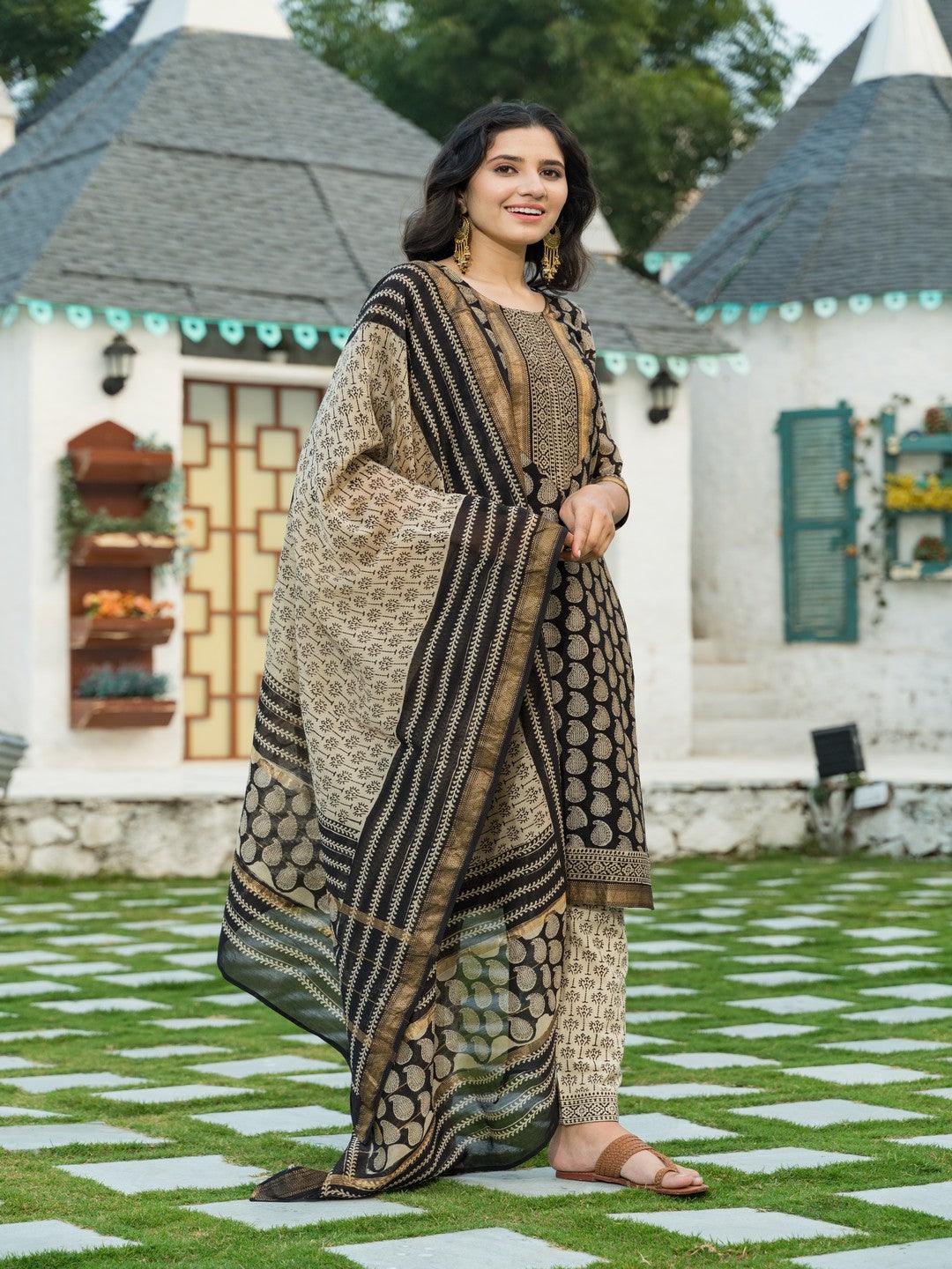 Women's Golden Black Bagru Block Print Chanderi Kurta Dupatta Set - Pheeta - Indiakreations