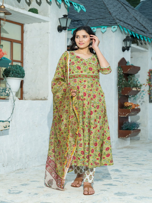 Women's Green Color Floral Print Cotton Anarkali Suit Set with Dupatta - Pheeta