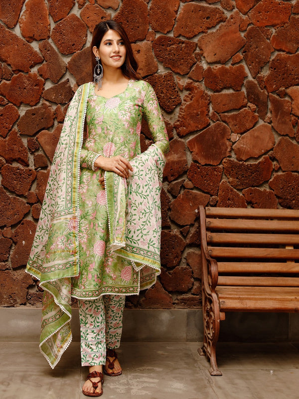 Women's Shiny Green Block Print Chanderi Suit set - Pheeta