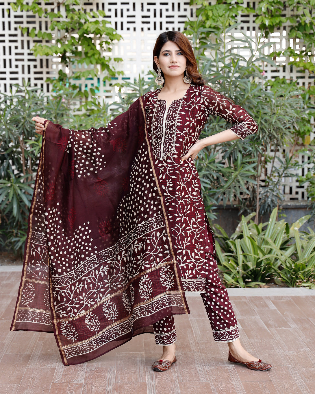 Women's Burgundy bagru hand block print cotton kurta set with chanderi dupatta