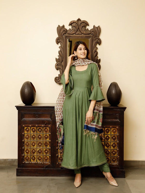 Women's Olive Green Flared Solid Suit set with Block Print Dupatta - Pheeta