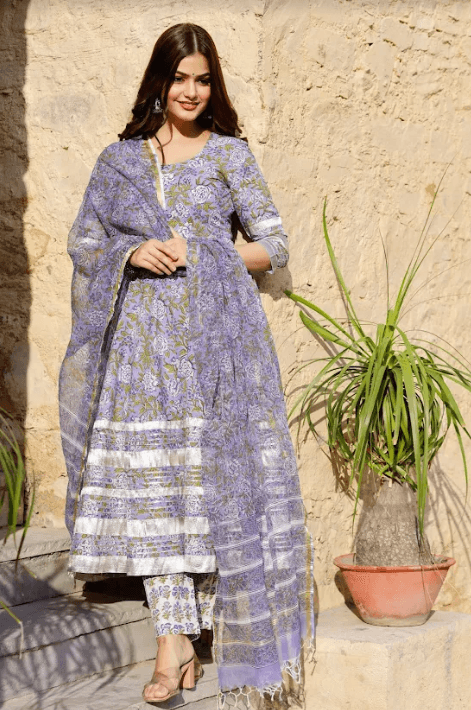 Women's Purple Block Printed Anarkali Suit Set With Printed Dupatta - Pheeta - Indiakreations