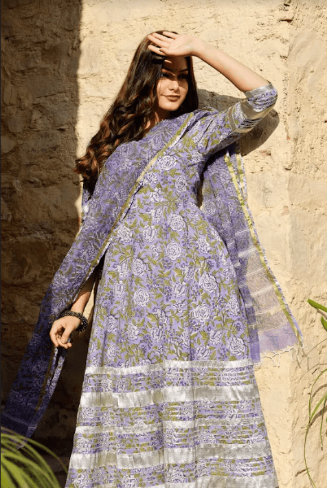 Women's Purple Block Printed Anarkali Suit Set With Printed Dupatta - Pheeta - Indiakreations