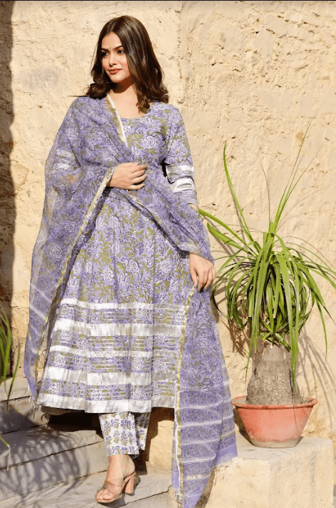 Women's Purple Block Printed Anarkali Suit Set With Printed Dupatta - Pheeta - Indiakreations