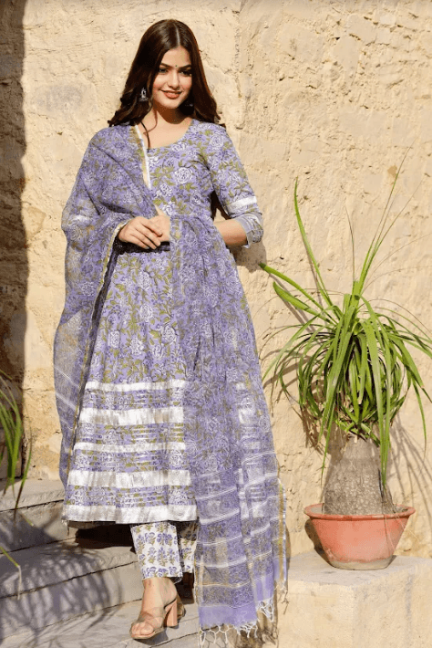 Women's Purple Block Printed Anarkali Suit Set With Printed Dupatta - Pheeta - Indiakreations