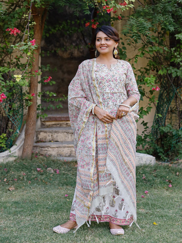 Women's Pink and grey hand blocked suit with palazzo and chanderi dupatta with gotta work - Pheeta