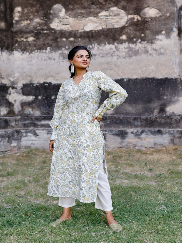 Women's White and Mustard hand blocked kurta with pant (with bishop sleeves) - Pheeta