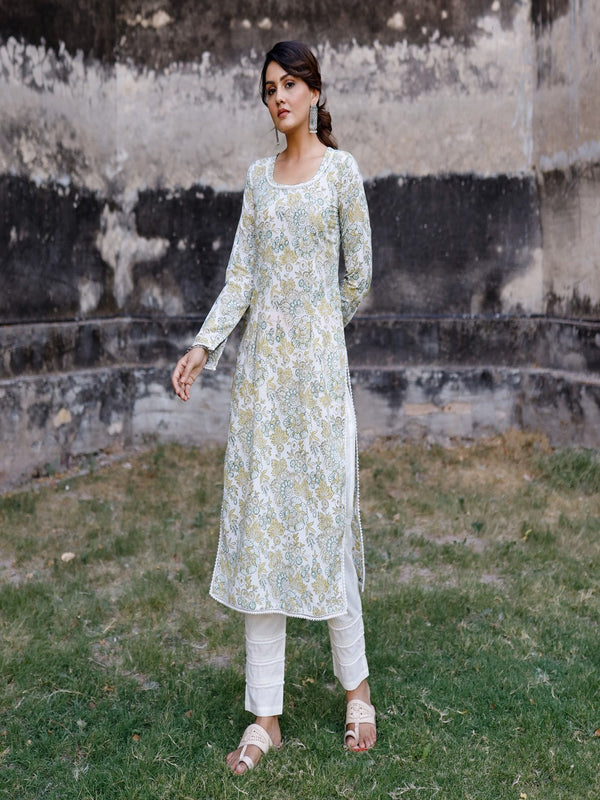 Women's White and mustard hand blocked kurta with pant - Pheeta