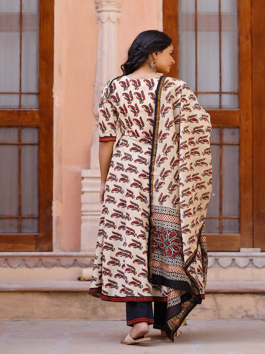 Women's Maroon and Cream Bagru Hand Block Anarkali suit with pant and Chanderi Dupatta - Pheeta - Indiakreations