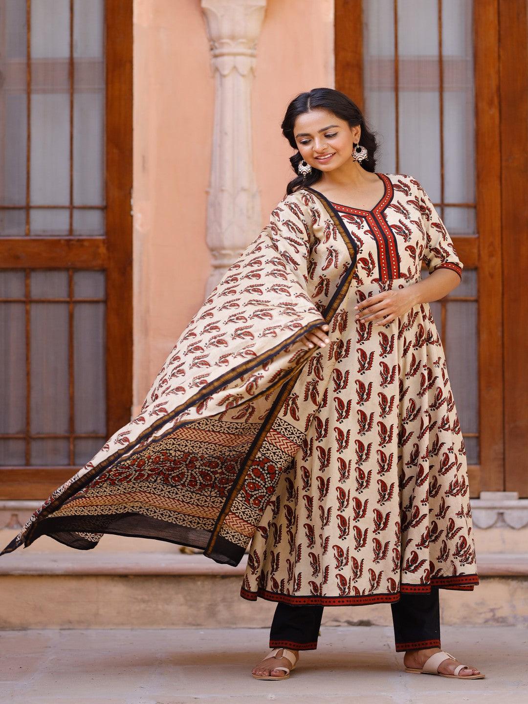 Women's Maroon and Cream Bagru Hand Block Anarkali suit with pant and Chanderi Dupatta - Pheeta - Indiakreations