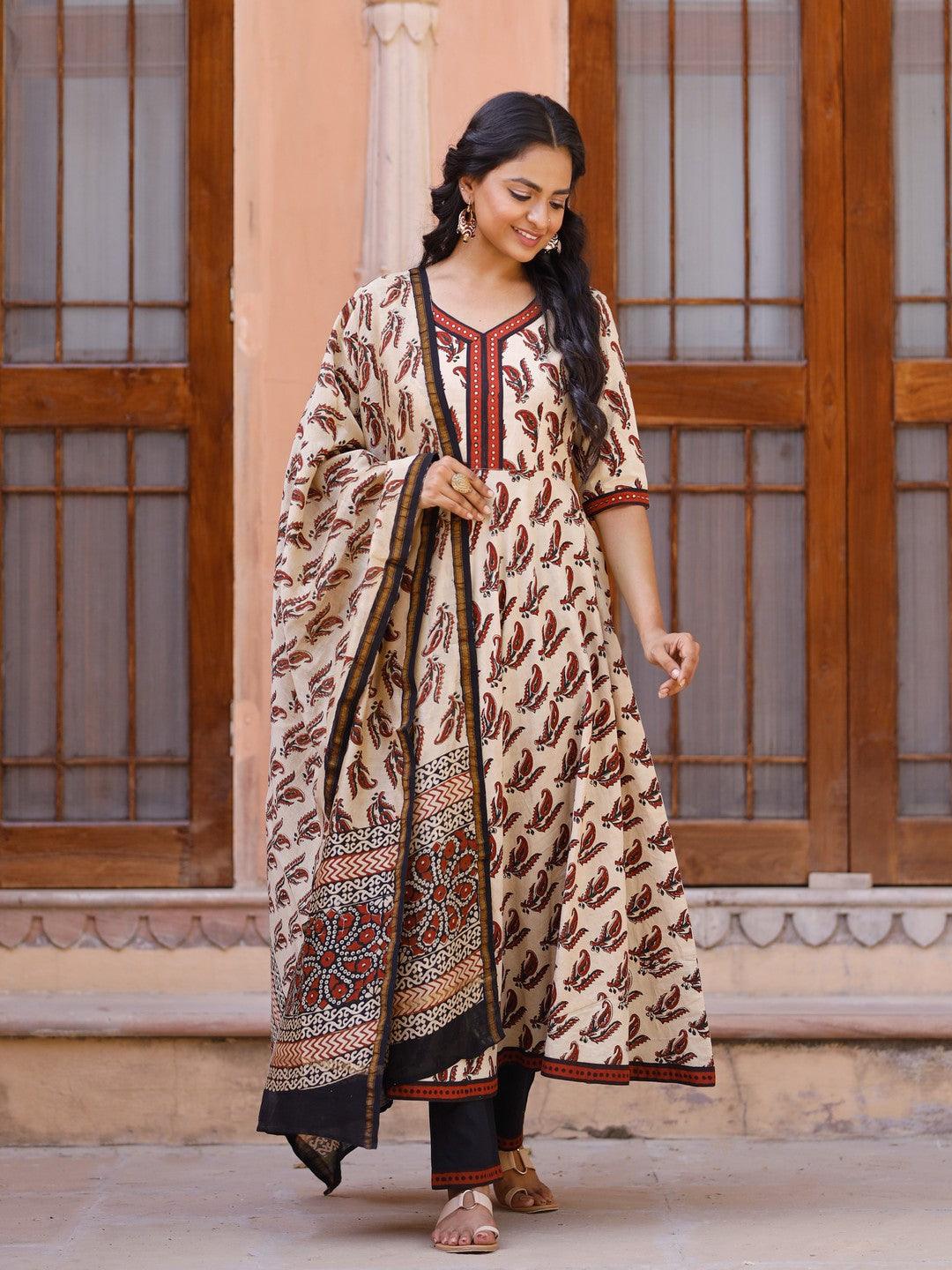 Women's Maroon and Cream Bagru Hand Block Anarkali suit with pant and Chanderi Dupatta - Pheeta - Indiakreations