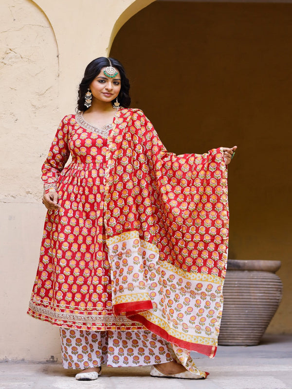 Women's Red hand blocked angrakha suit with palazzo and chanderi dupatta - Pheeta