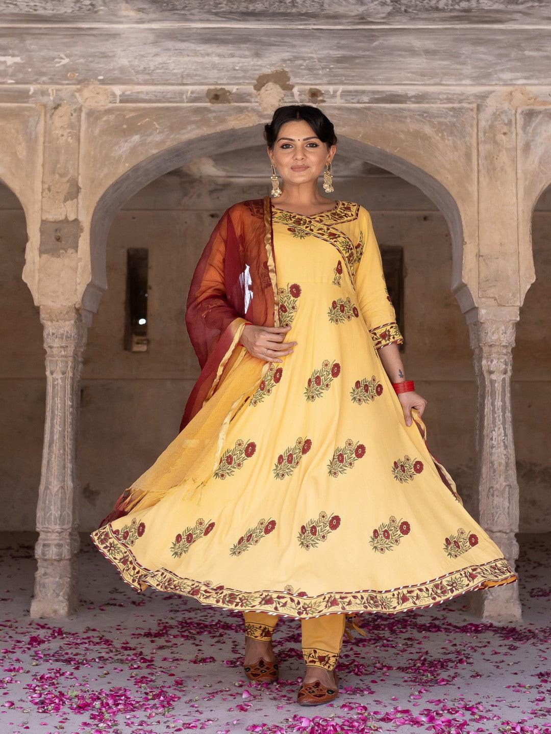 Women's Yellow hand blocked anarkali suit set with doria dupatta - Pheeta - Indiakreations