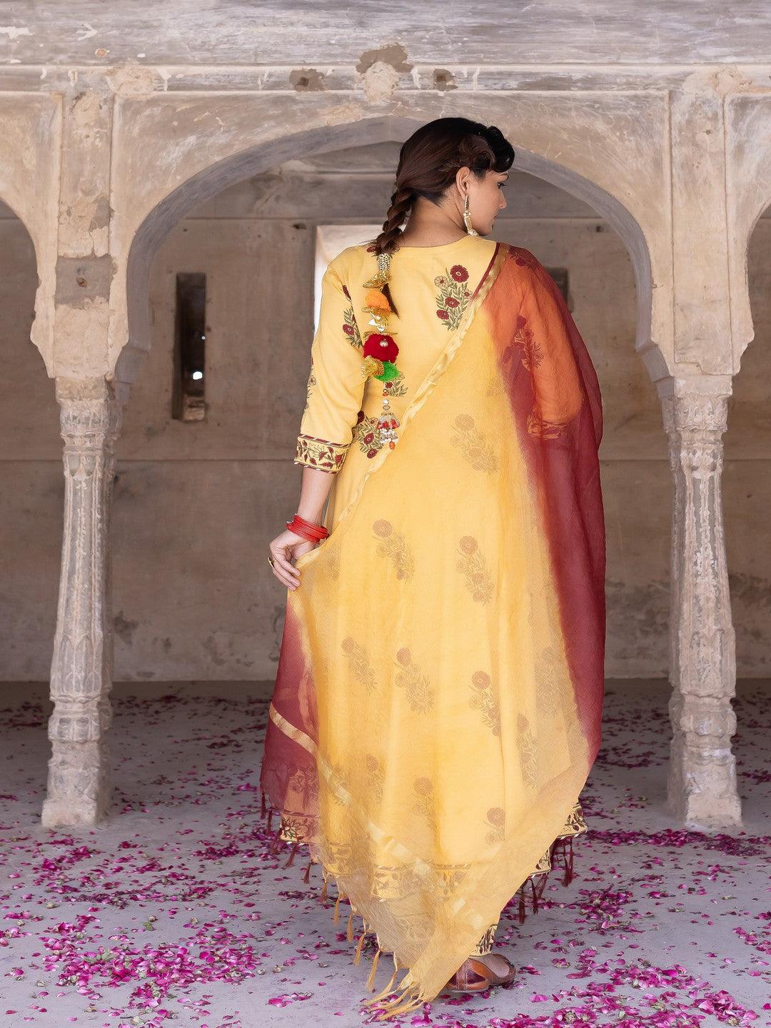 Women's Yellow hand blocked anarkali suit set with doria dupatta - Pheeta - Indiakreations