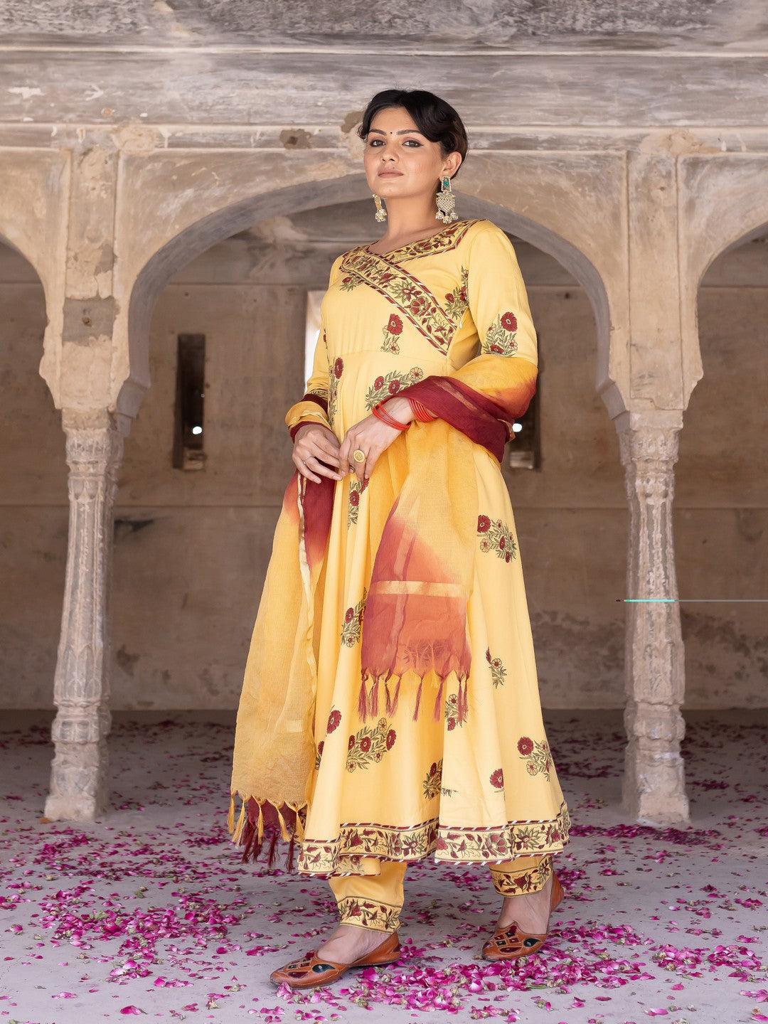 Women's Yellow hand blocked anarkali suit set with doria dupatta - Pheeta - Indiakreations