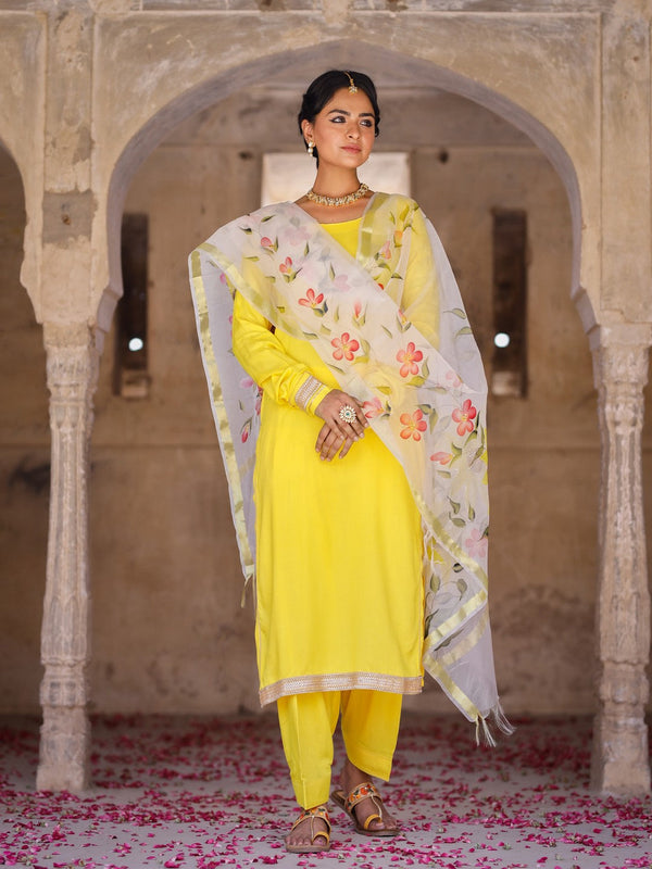 Women's Solid yellow suit set with hand painted organza dupatta - Pheeta