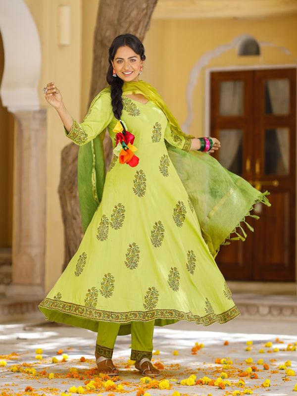 Women's Pista Green hand blocked anarkali suit set with doria dupatta - Pheeta