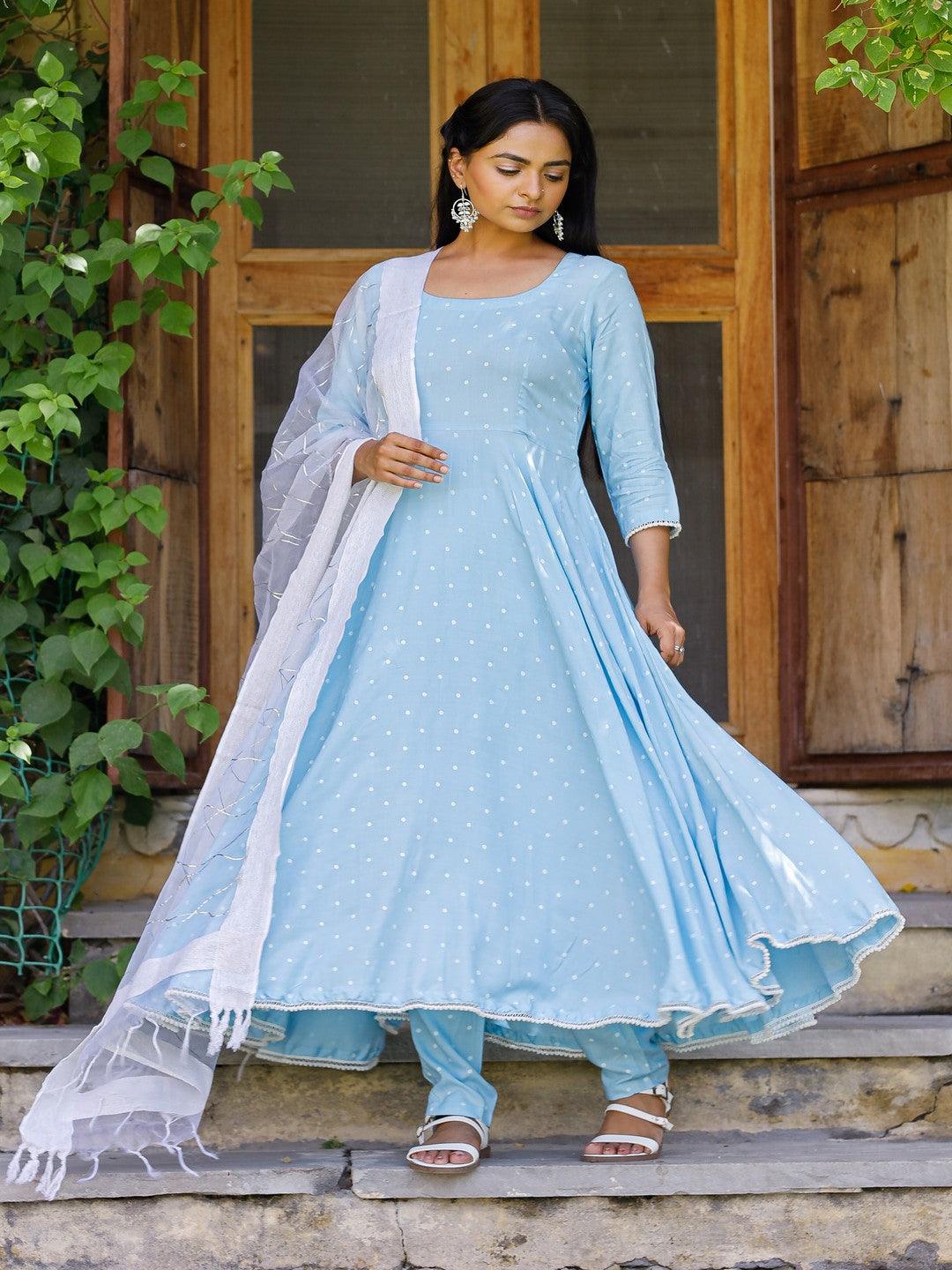 Women's Blue polka anarkali suit set with tissue fabric dupatta - Pheeta - Indiakreations