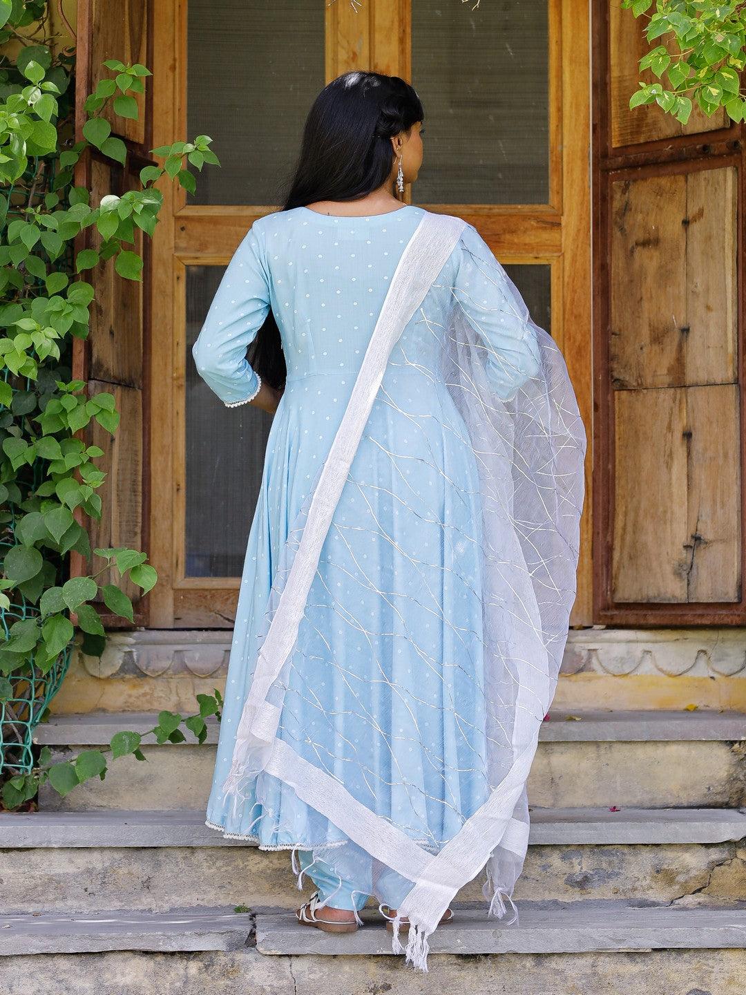 Women's Blue polka anarkali suit set with tissue fabric dupatta - Pheeta - Indiakreations