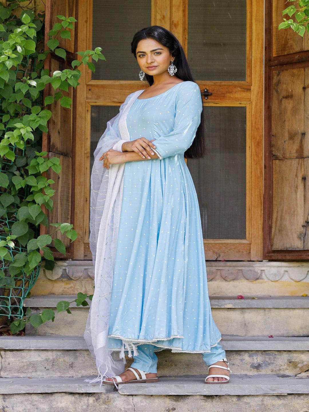 Women's Blue polka anarkali suit set with tissue fabric dupatta - Pheeta - Indiakreations