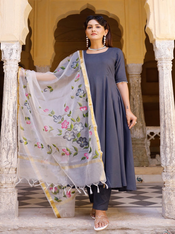 Women's Solid grey anarkali suit set with hand painted organza dupatta - Pheeta