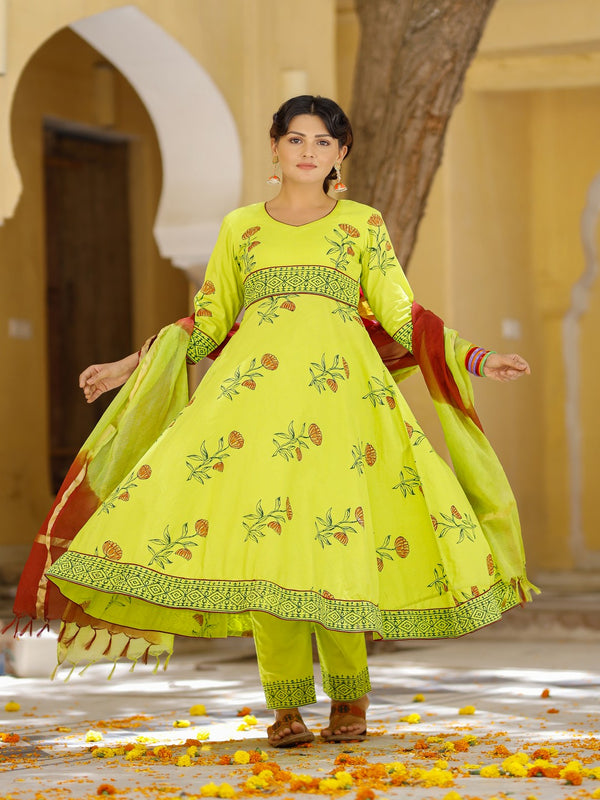 Women's Green hand blocked anarkali suit set with kota doria dupatta - Pheeta