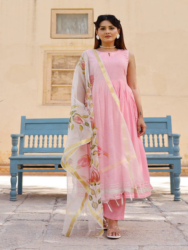 Women's Solid pink anarkali suit set with hand painted organza dupatta - Pheeta