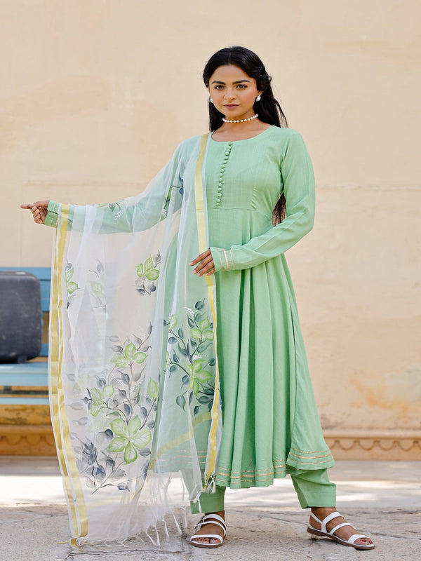 Women's Solid green anarkali suit set with hand painted organza dupatta - Pheeta