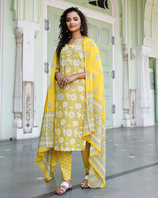 Women's Yellow Floral Print Cotton Straight Salwar Suit Set - Pheeta