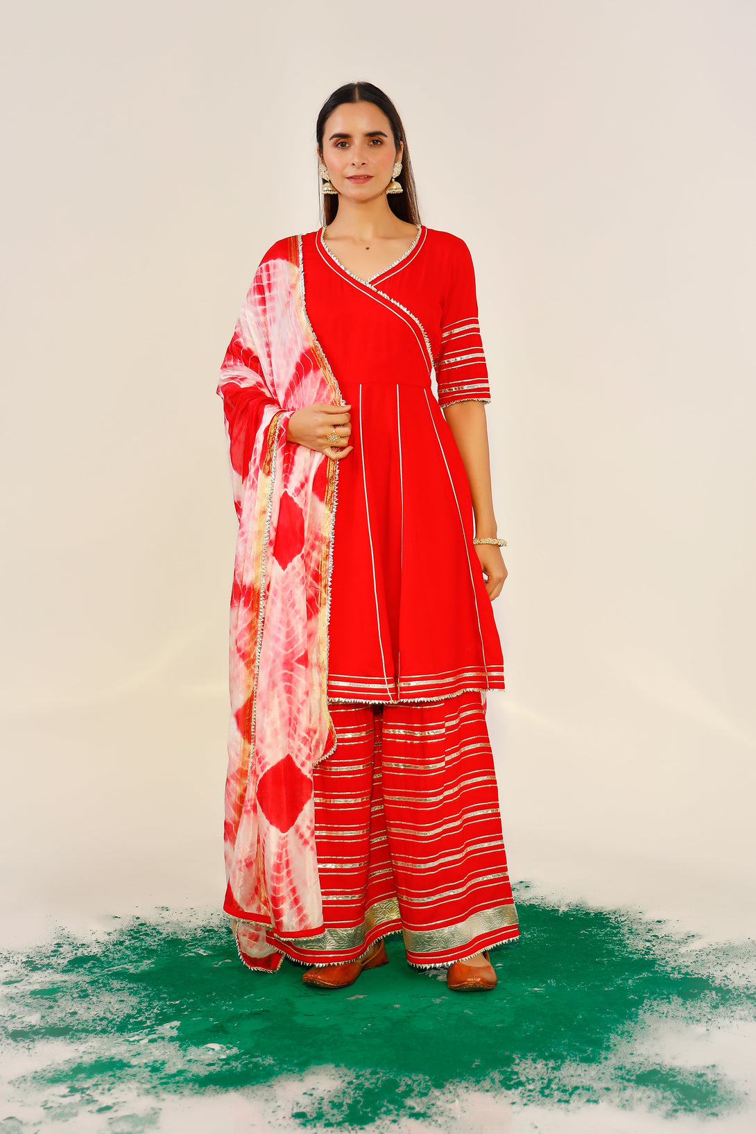 Women's Coral Red Angarakha Kurta Plazzo With Tie Dye Dupatta Set - Pheeta