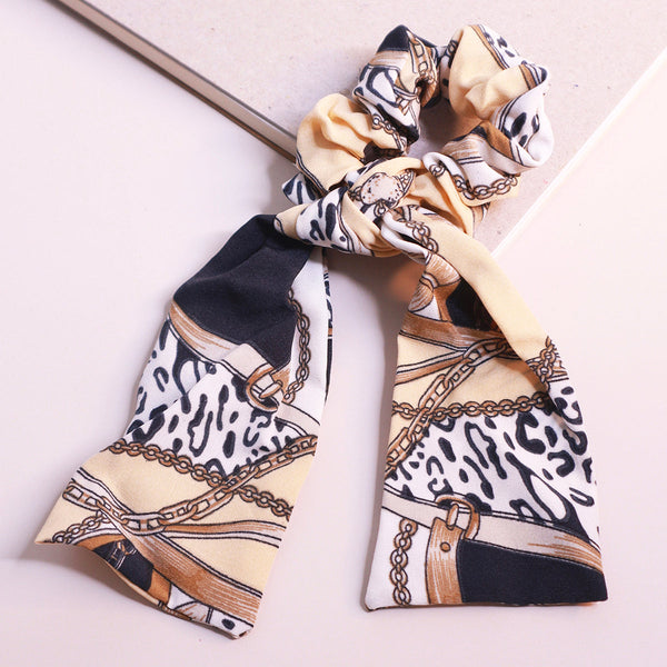 Beige Printed Long Tail Bow Hair Tie