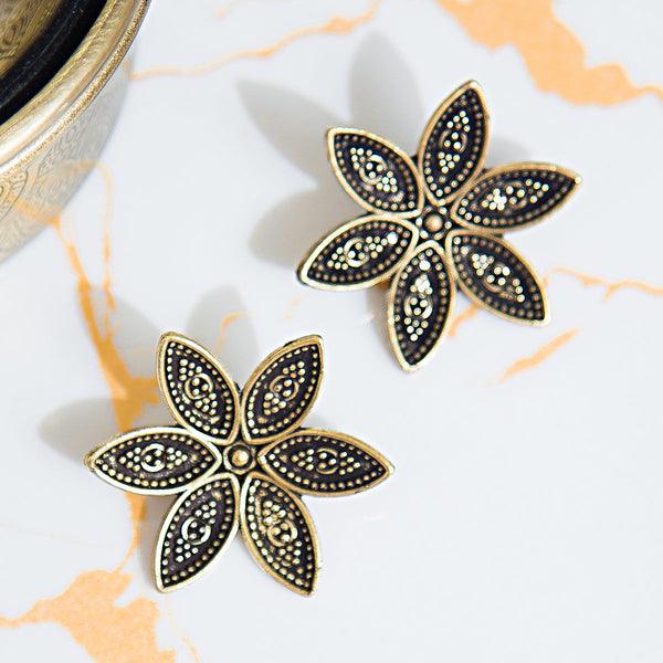 Festive Black & Gold Floral Statement Studs