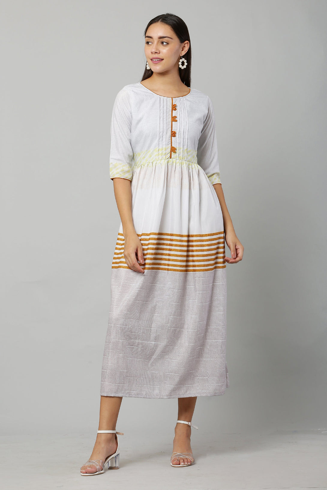 Women's Light Grey Color Muslin Printed A-line  Flared Dress - Vaaba