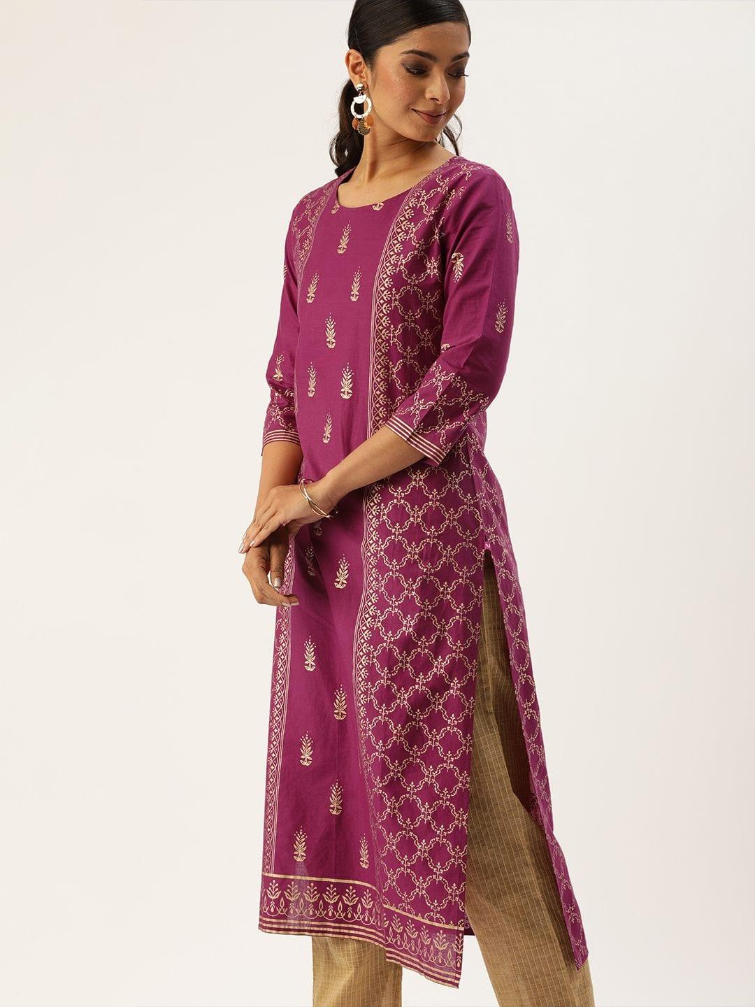 Women Magenta Pink & Gold-Toned Foil Printed Straight Kurta - Indiakreations