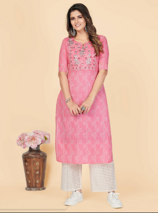 Women's Printed & Embroidered Straight Cotton Pink Stitched Kurta (1Pc) - Vbuyz