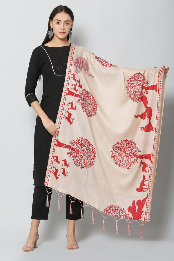 Women's Red & Cream Color Art Silk Digital Printed Dupatta - VAABA