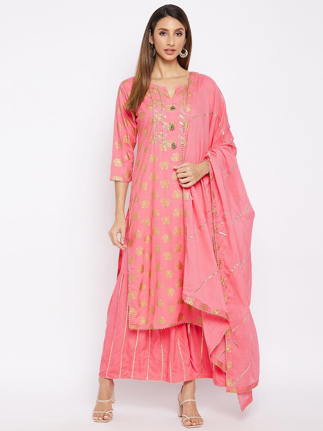 Women's Pink Floral Printed Regular Kurta with Sharara With Dupatta - NOZ2TOZ - Indiakreations