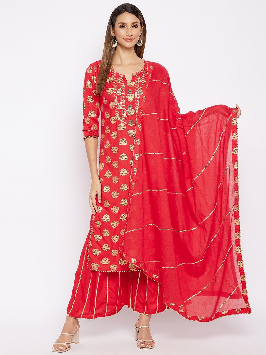 Women's Red Gold-Toned Floral Gotta Patti Kurta With Palazzos Dupatta - NOZ2TOZ - Indiakreations