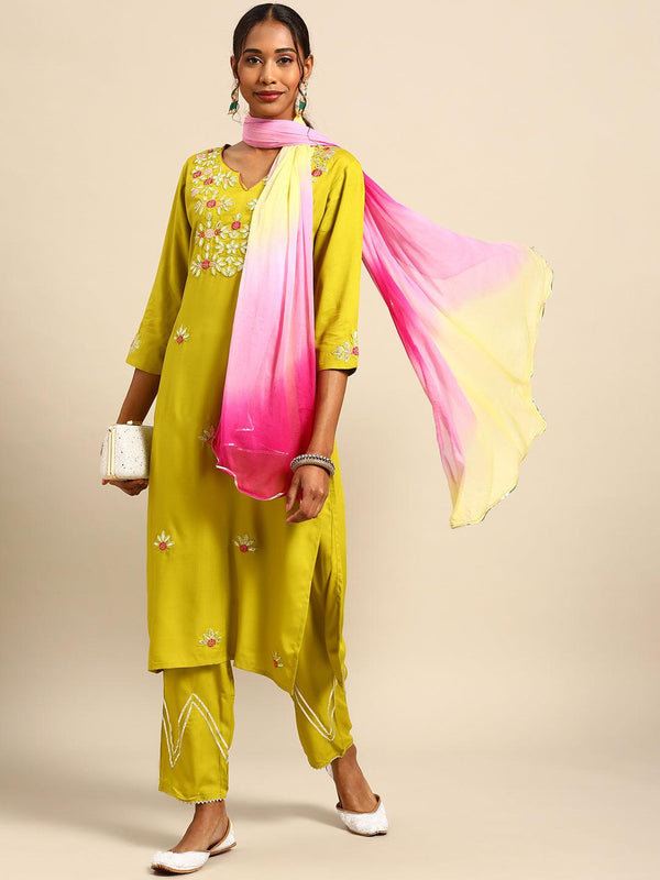 Women's Yellow Floral Embroidered Kurta with Palazzos Dupatta - NOZ2TOZ - Indiakreations