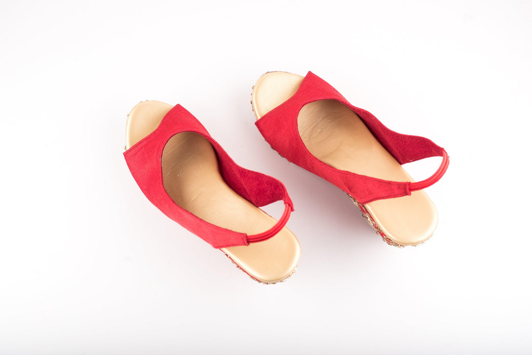 Women's Red Floral Jaal Peep-Toe Wedges - The Shoe Tales - Indiakreations