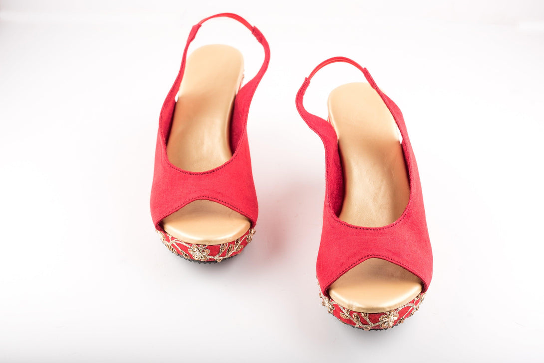 Women's Red Floral Jaal Peep-Toe Wedges - The Shoe Tales - Indiakreations