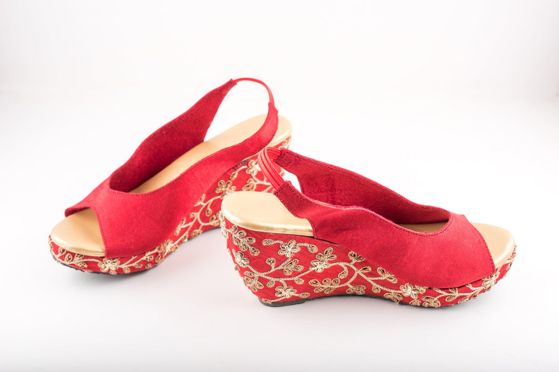 Women's Red Floral Jaal Peep-Toe Wedges - The Shoe Tales - Indiakreations