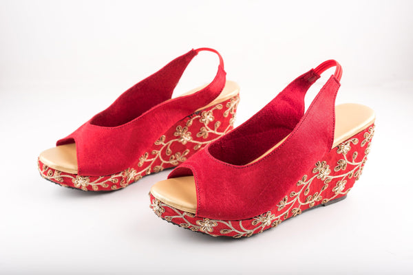 Women's Red Floral Jaal Peep-Toe Wedges - The Shoe Tales - Indiakreations