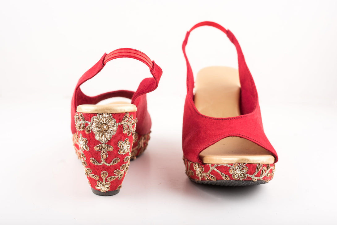 Women's Red Floral Jaal Peep-Toe Wedges - The Shoe Tales - Indiakreations